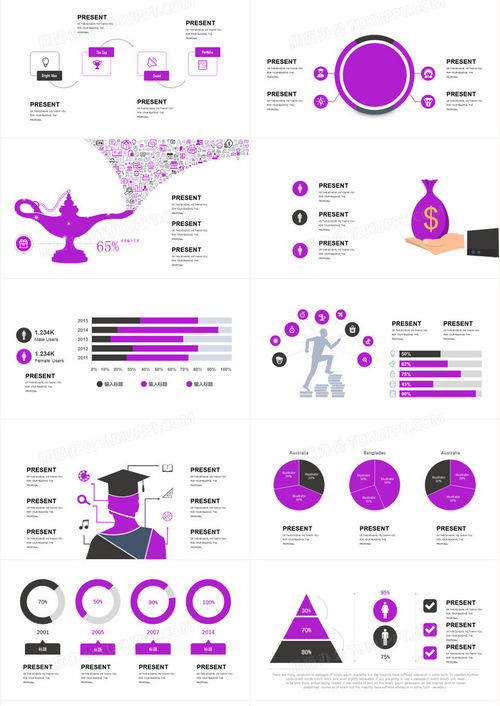 40页淡紫信息可视化图表集ppt模板下载 熊猫办公